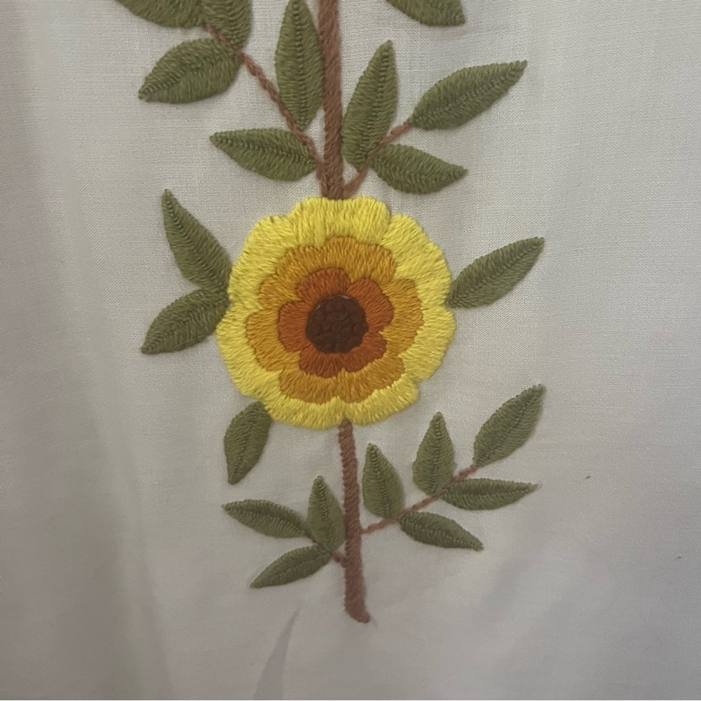 Vintage tan coral yellow flower power floral embroidered crewel sheath dress S - Picture 7 of 16